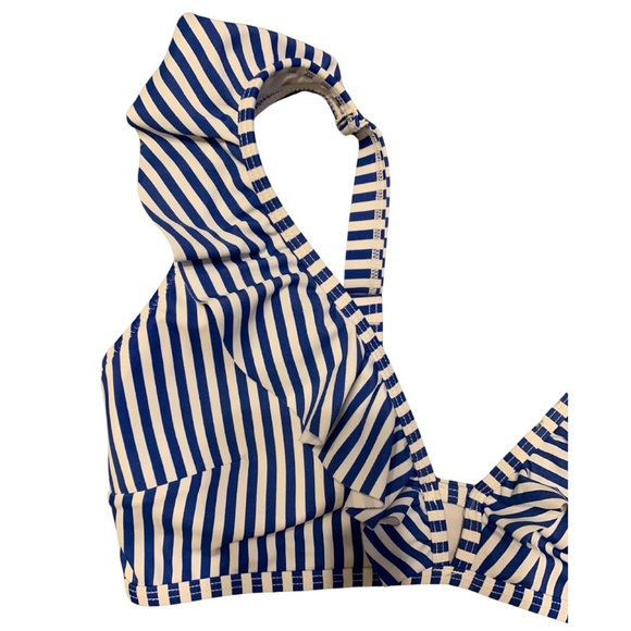 Women’s Navy Blue & White Striped sz L ruffled bikini top w/adjustable straps - Picture 6 of 7